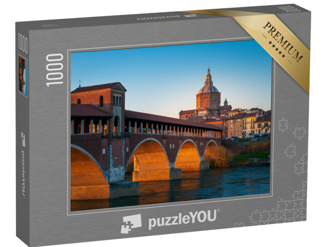 Puzzle 1000 pezzi „Panorama del Ponte Coperto e del Duomo di Pavia al tramonto, Lombardia, Italia.“