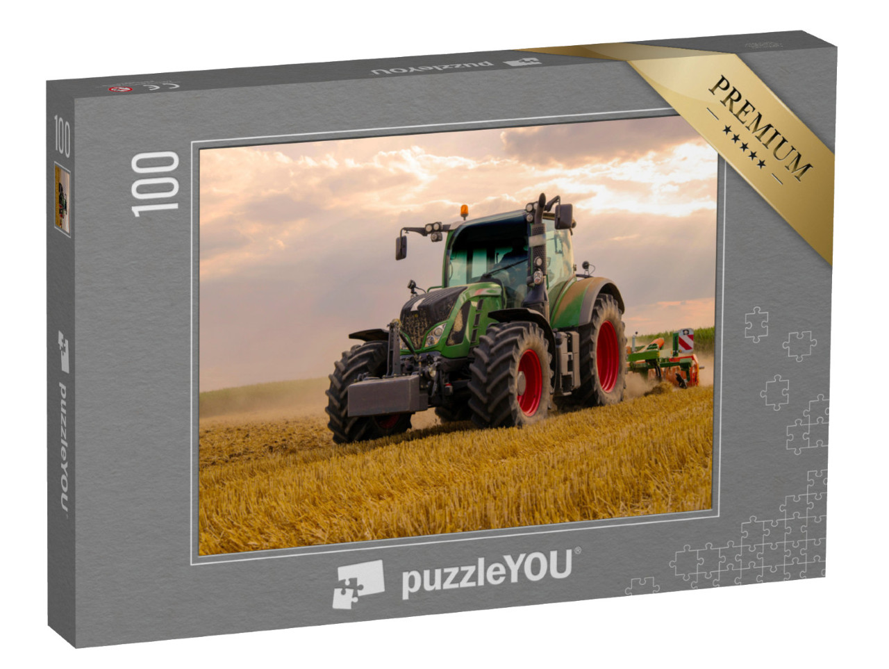 Puzzle 100 pezzi „Un trattore verde ara un campo di grano“