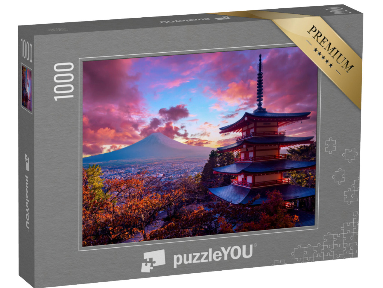 Puzzle 1000 pezzi „Splendido tramonto, Pagoda Chureito e Monte Fuji, Giappone“