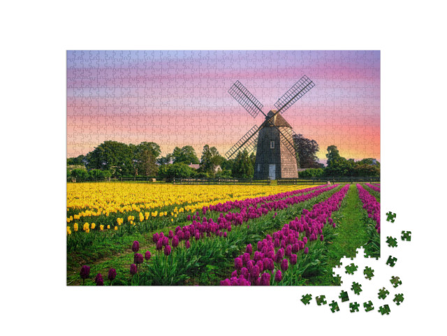 Puzzle 1000 pezzi „Mulino a vento in un campo di tulipani con fiori“