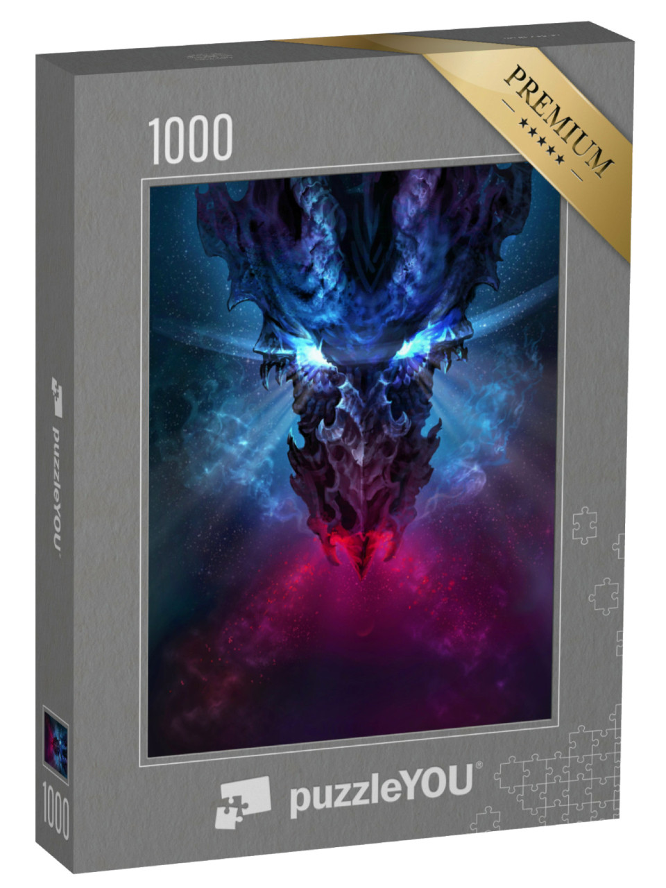 Puzzle 1000 pezzi „Fantasia: drago di fuoco con occhi blu incandescenti“
