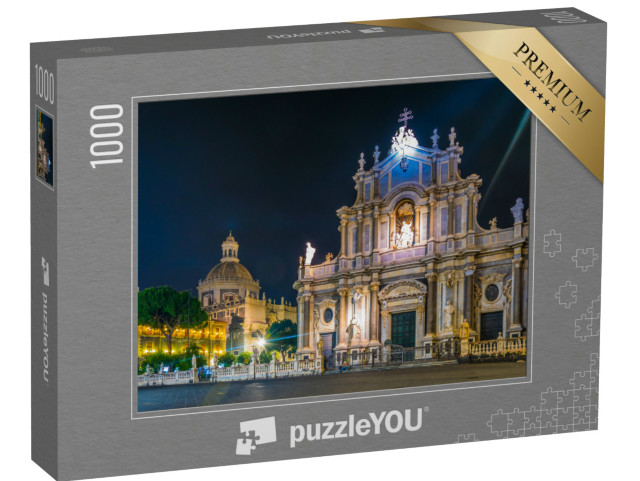 Puzzle 1000 pezzi „Vista notturna della cattedrale di Sant'Agata e della chiesa di Badia Agata a Catania, Sicilia, Italia“