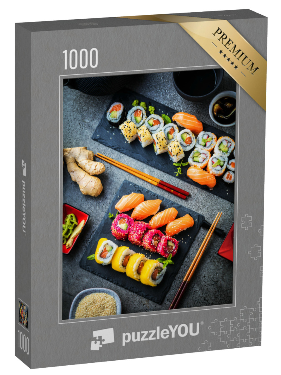 Puzzle 1000 pezzi „Maki e involtini con pesce, gamberi e avocado“