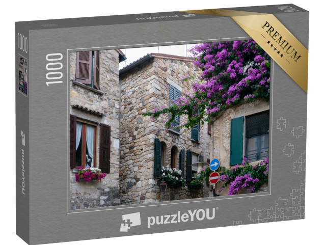 Puzzle 1000 pezzi „Balcone con Bougainvillea viola e rampicante su casa a Sirmione.“