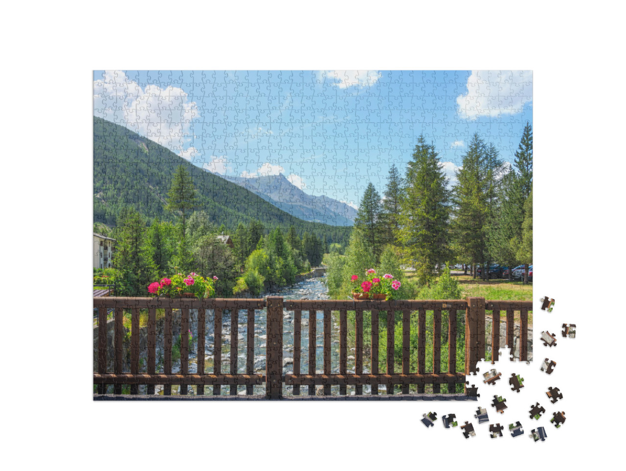 Puzzle 1000 pezzi „Parapetto con fiori del ponte sul torrente a Lillaz. Cogne, Valle d'Aosta, Italia“