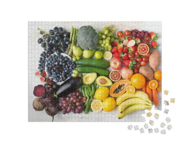 Puzzle 1000 pezzi „Assortimento di frutta e verdura nei colori dell'arcobaleno“
