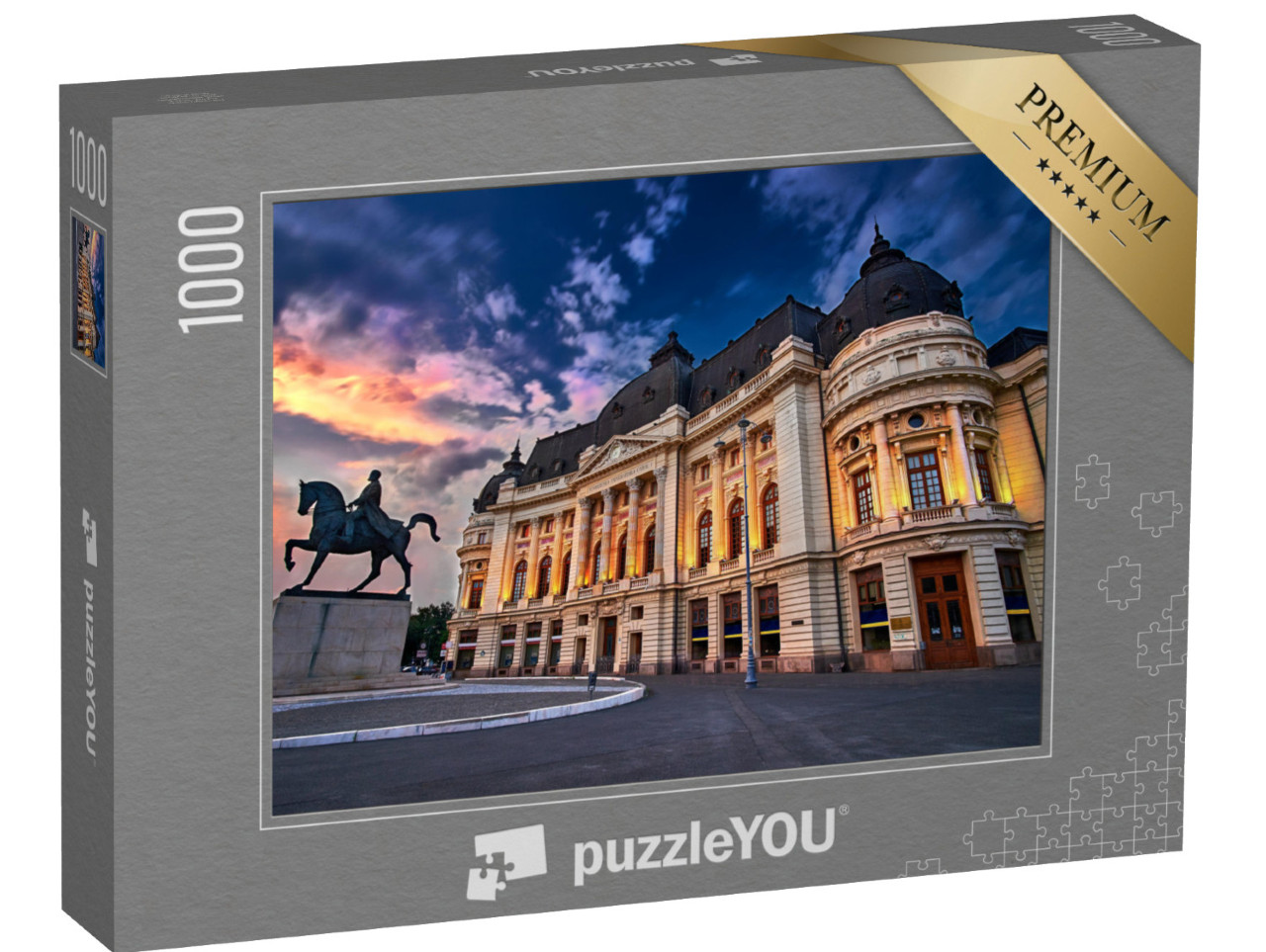 Puzzle 1000 pezzi „Bucarest al tramonto. Calea Victoriei, Biblioteca Nazionale“