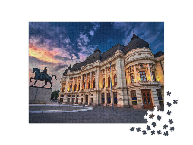 Puzzle 1000 pezzi „Bucarest al tramonto. Calea Victoriei, Biblioteca Nazionale“