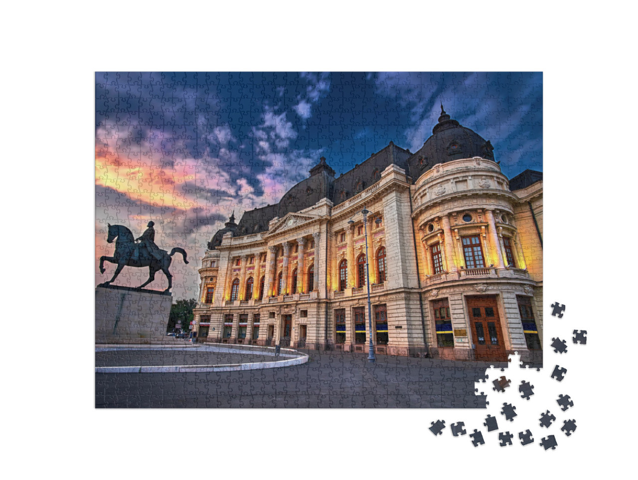 Puzzle 1000 pezzi „Bucarest al tramonto. Calea Victoriei, Biblioteca Nazionale“