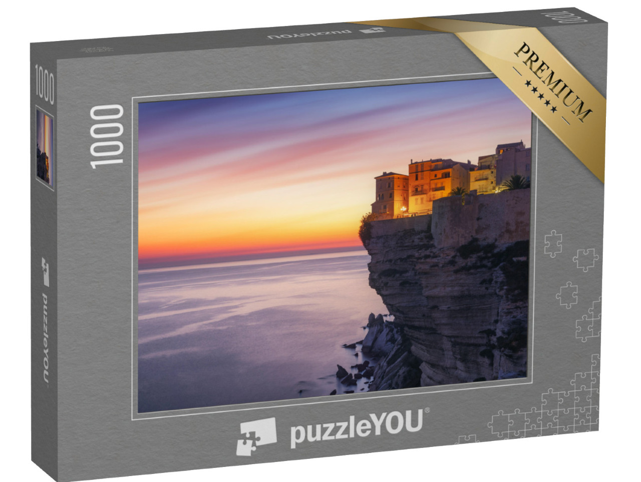 Puzzle 1000 pezzi „Tramonto sulla città di Bonifacio, Corsica, Francia“