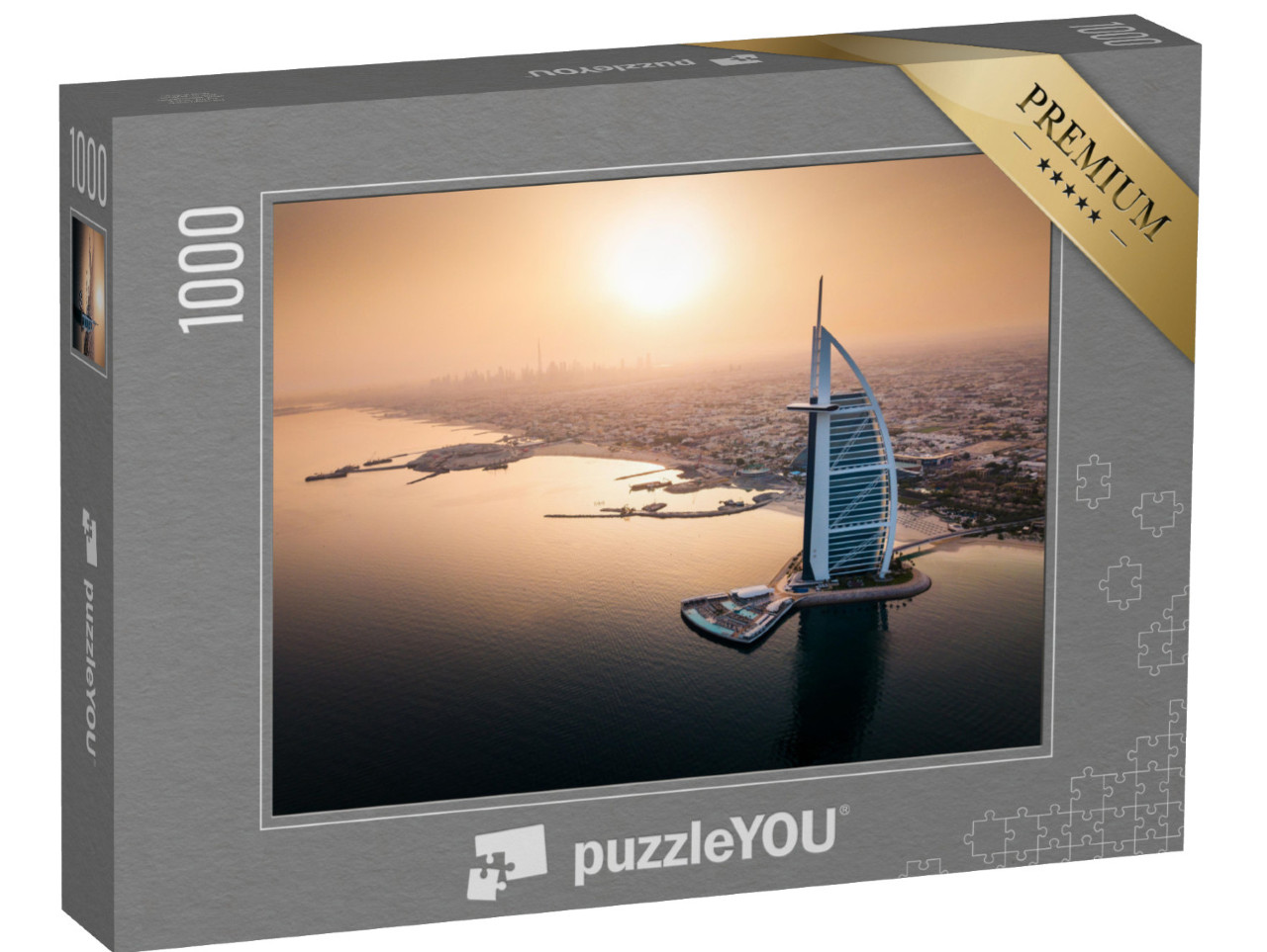 Puzzle 1000 pezzi „Lo skyline di Dubai in riva al mare con un hotel di lusso“