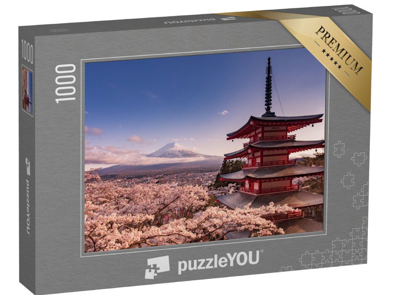 Puzzle 1000 pezzi „Il Monte Fuji e la Pagoda Chureito con i ciliegi in fiore, Giappone“