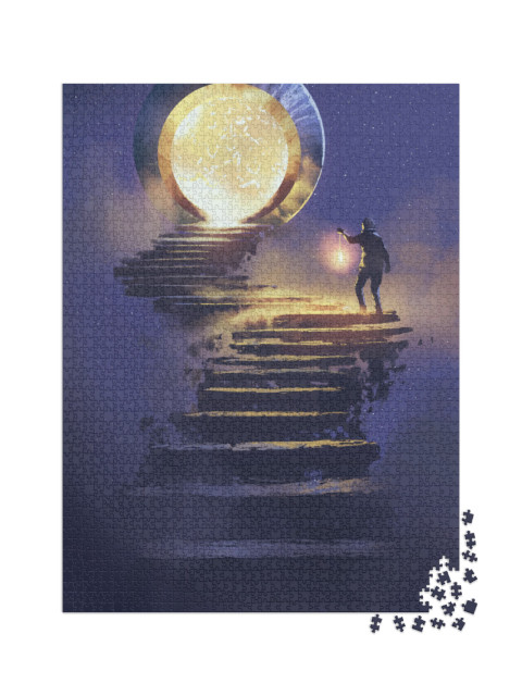 Puzzle 2000 pezzi „Uomo con lanterna su una scala di pietra che conduce a un cancello di fantasia“