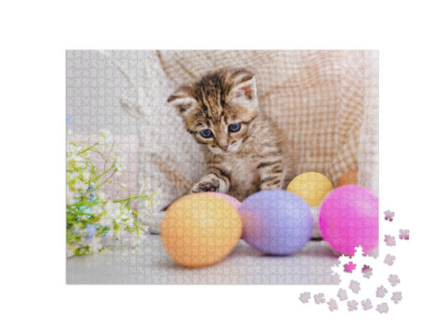 Puzzle 1000 pezzi „Gattino che gioca con le uova di Pasqua colorate“