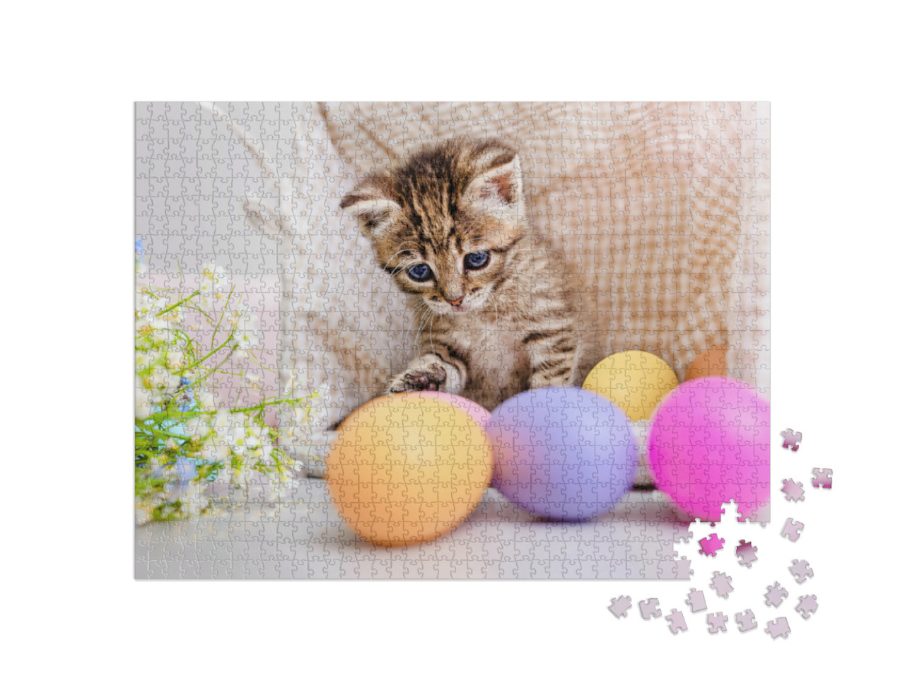 Puzzle 1000 pezzi „Gattino che gioca con le uova di Pasqua colorate“