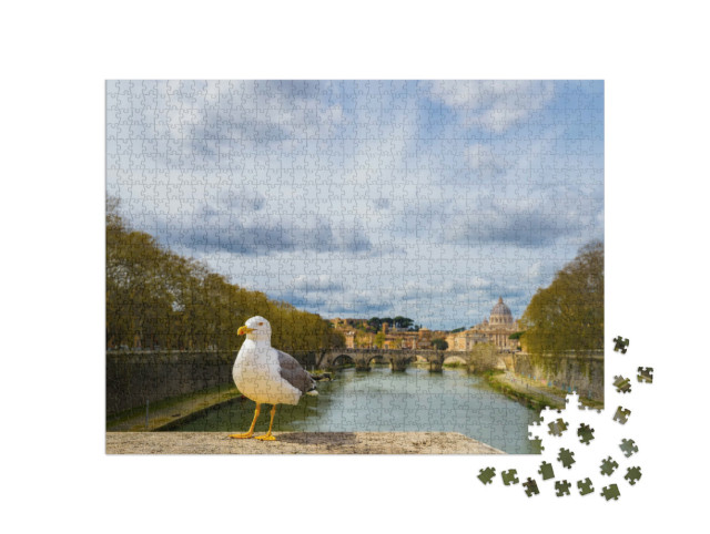 Puzzle 1000 pezzi „Gabbiano sulle rive del Tevere di fronte al panorama storico di Roma, Italia“