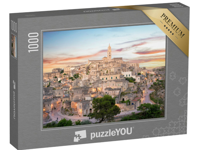 Puzzle 1000 pezzi „Vista mozzafiato del borgo di Matera durante un tramonto, Basilicata“