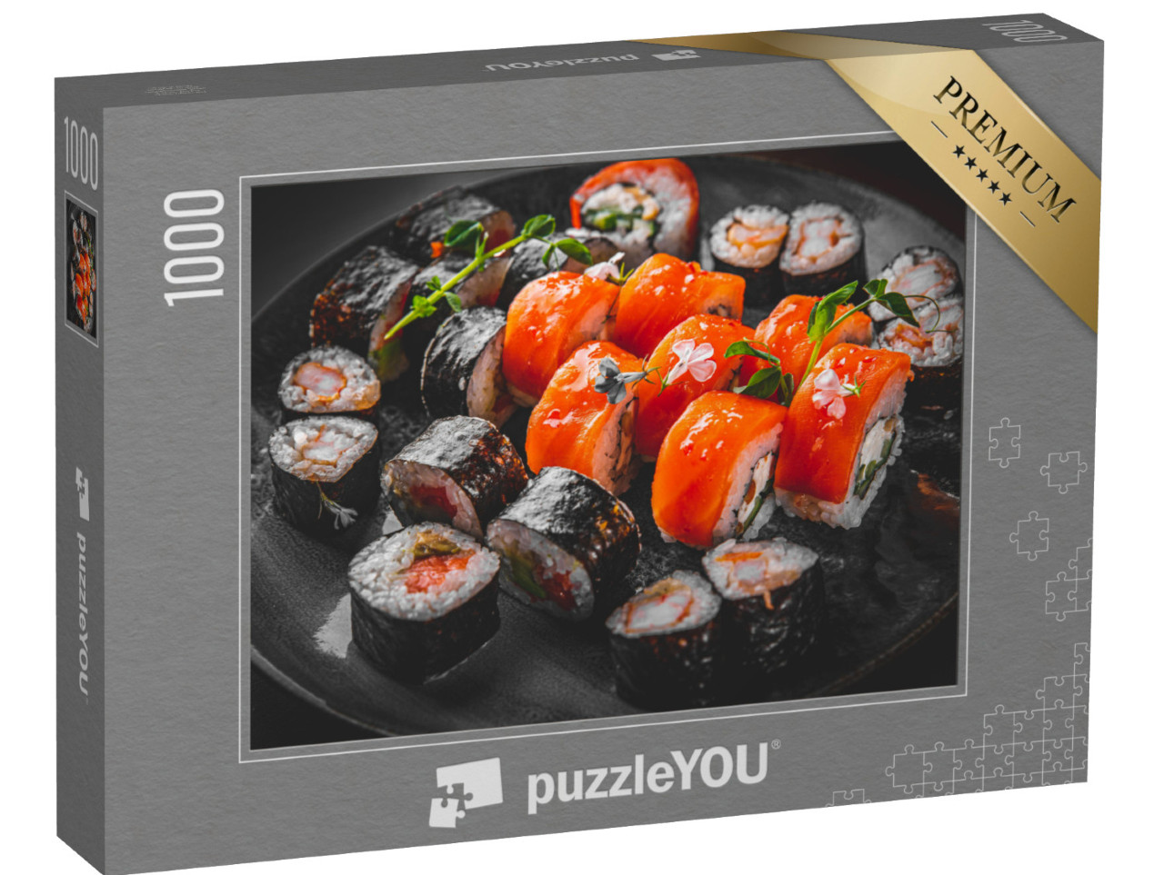 Puzzle 1000 pezzi „Set di involtini di sushi con salmone, avocado, crema di formaggio, cetriolo, riso e tonno“