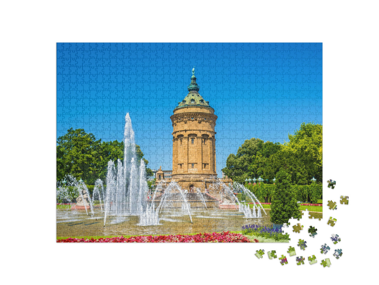 Puzzle 1000 pezzi „Fontana e torre dell'acqua in Friedrichsplatz, Mannheim“
