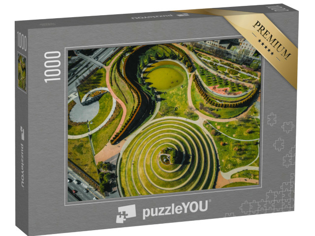 Puzzle 1000 pezzi „Parco del Portello a Milano, Lombardia. Vista del parco con prato verde e sentieri dall'alto“