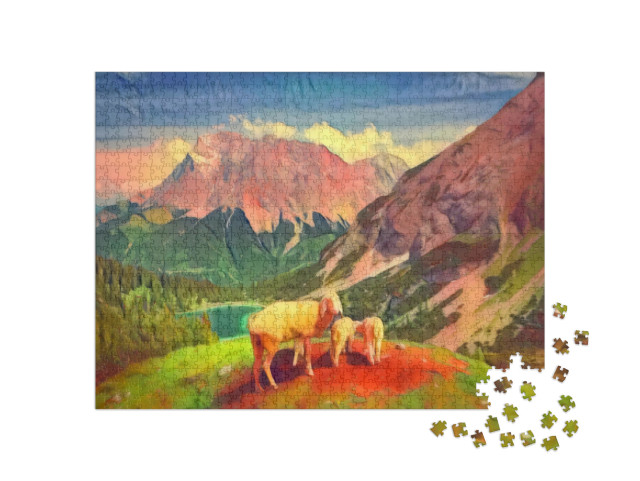 Puzzle 1000 pezzi „nello stile artistico di Franz Marc - Seebensee e Coburger Hütte“
