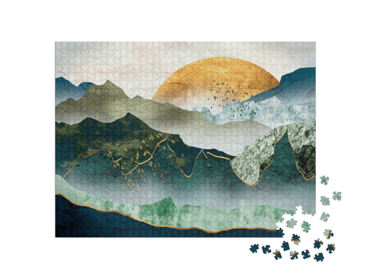 Puzzle 1000 pezzi „Montagne verde-oro al tramonto, stormo di uccelli“