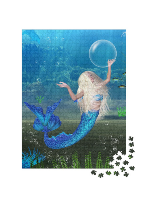 Puzzle 1000 pezzi „Sirena bionda che gioca con le bolle d'aria sott'acqua“