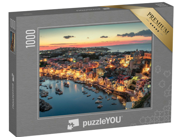 Puzzle 1000 pezzi „Il villaggio della Corricella sull'isola di Procida di notte, Italia“