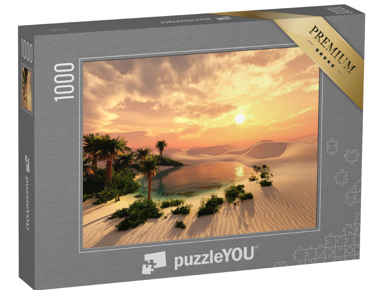 Puzzle 1000 pezzi „Oasi al tramonto in un deserto di sabbia“