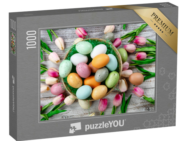 Puzzle 1000 pezzi „Uova di Pasqua colorate in un nido con tulipani“