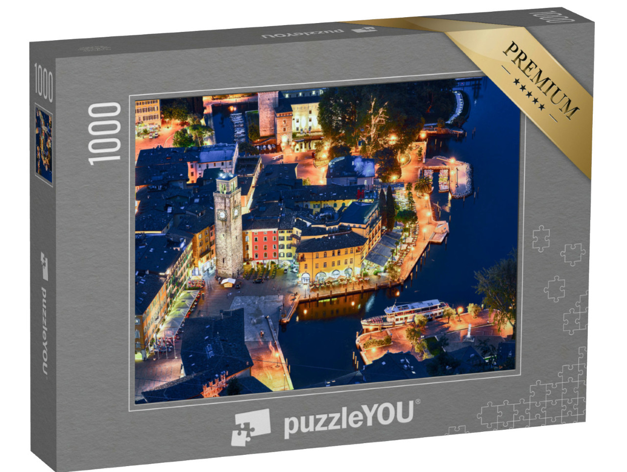 Puzzle 1000 pezzi „Vista del bellissimo lago di Garda .Riva del Garda città e lago di Garda di notte, Italia“
