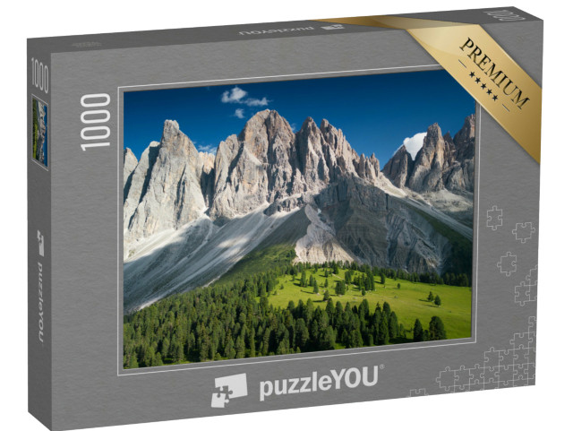 Puzzle 1000 pezzi „Vista del Gruppo delle Odle con rifugio Dolomiti, Italia, Europa“