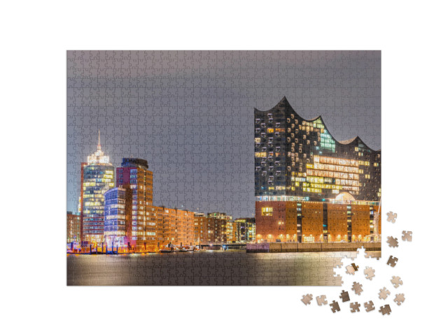 Puzzle 1000 pezzi „Elbphilharmonie e porto di Amburgo di notte“