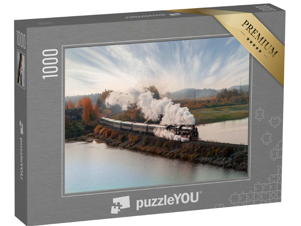 Puzzle 1000 pezzi „Locomotiva a vapore d'epoca nel paesaggio autunnale“