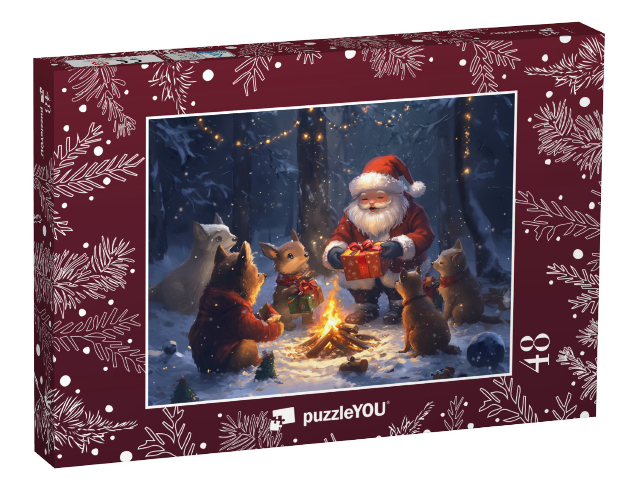 Puzzle 48 pezzi „Natale nella foresta: bambini animali ricevono regali da Babbo Natale“