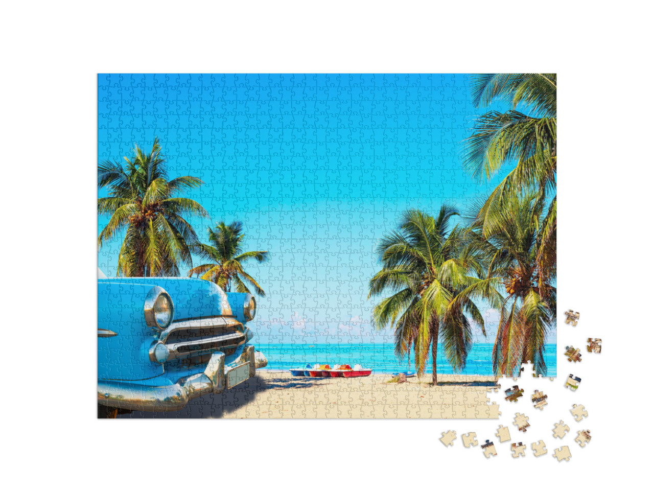 Puzzle 1000 pezzi „Spiaggia tropicale vicino a Varadero a Cuba con auto d'epoca“