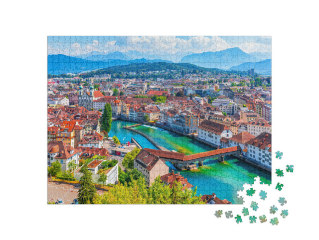 Puzzle 1000 pezzi „Lucerna sul Rheuss, che nasce dal lago dei Quattro Cantoni, Svizzera“