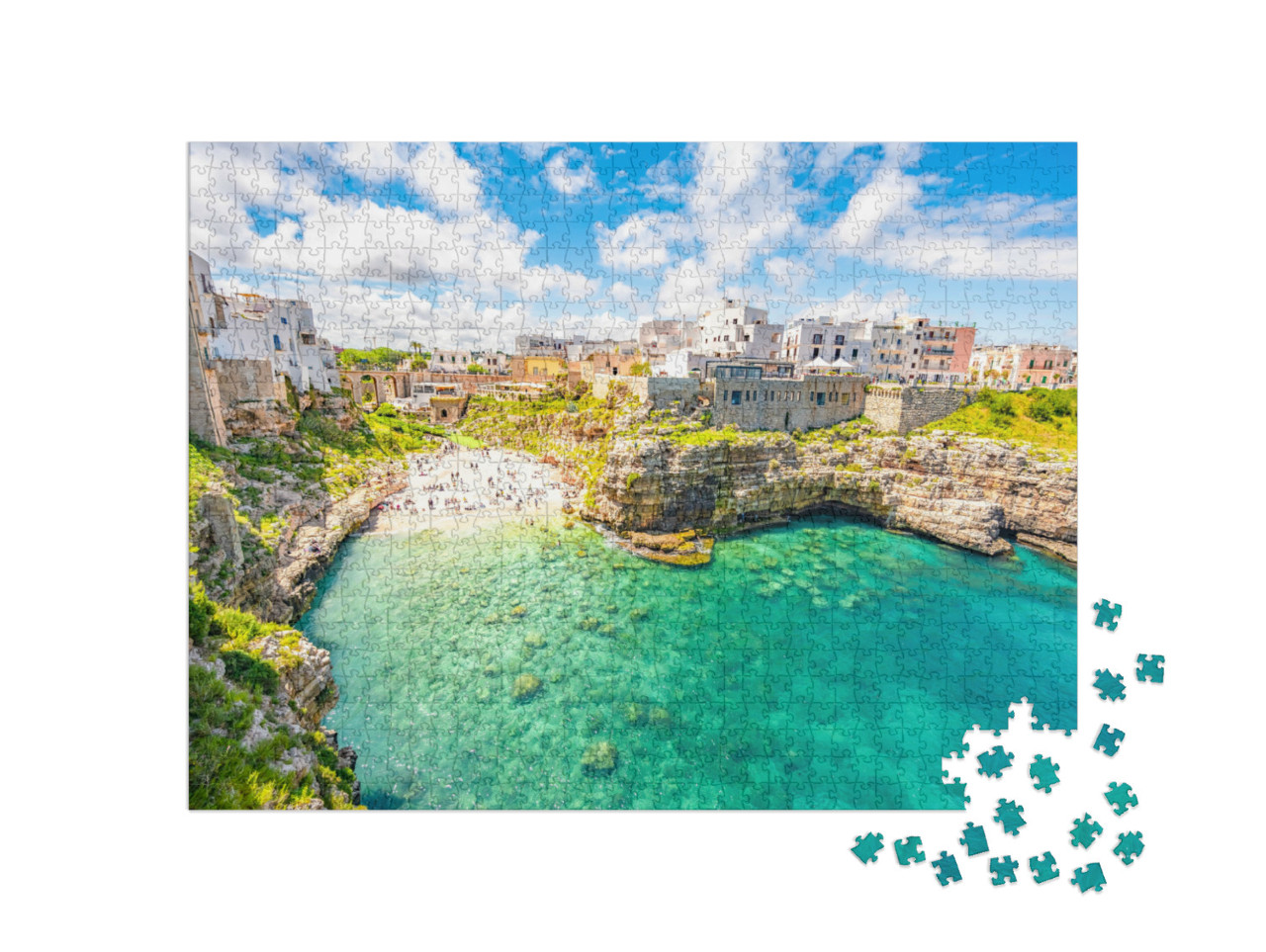 Puzzle 1000 pezzi „Polignano a Mare, Puglia, Italia, Europa. Paesaggio marino sul mare Adriatico“