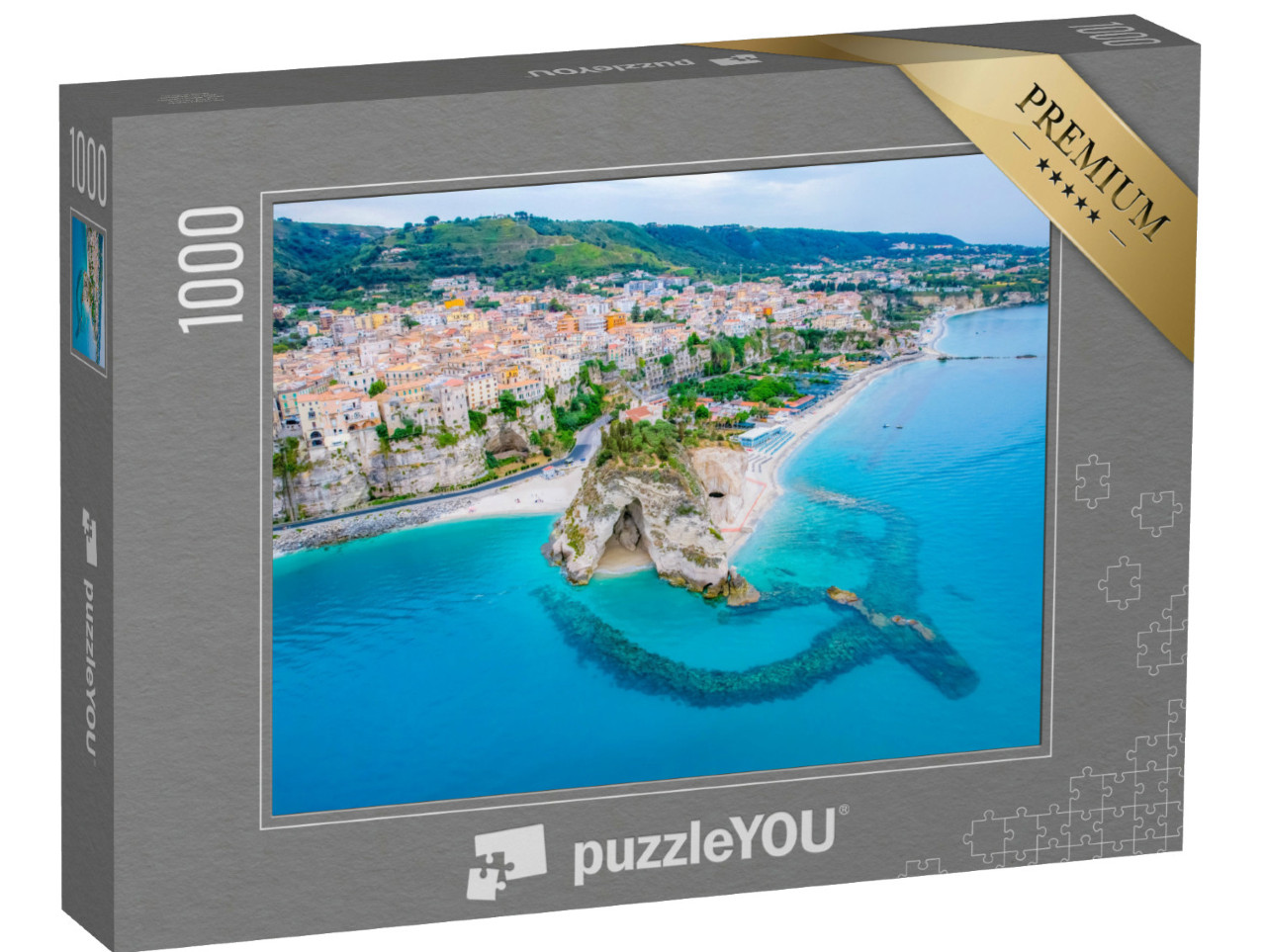 Puzzle 1000 pezzi „Tropea: Chiesa di Santa Maria dell'Isola. Monastero e costa con acqua azzurra e cristallina“
