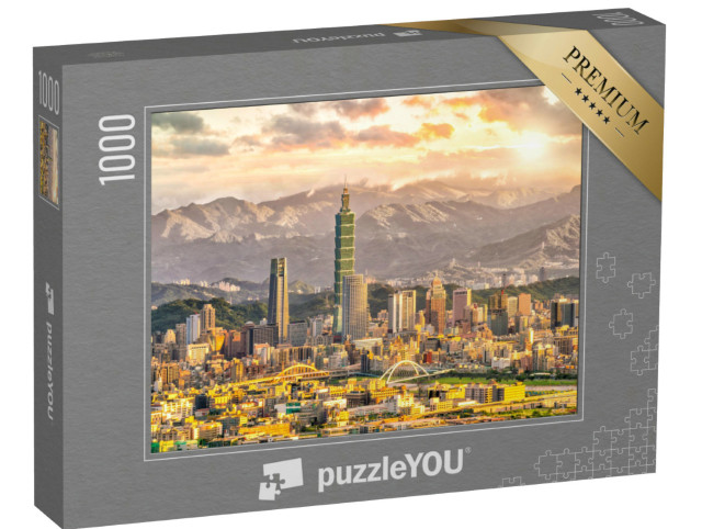 Puzzle 1000 pezzi „Skyline di Taipei con paesaggio montano al tramonto“
