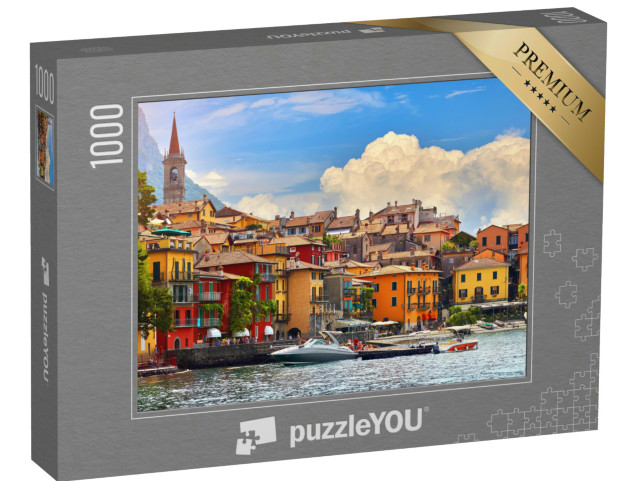 Puzzle 1000 pezzi „Varenna, Italia. Pittoresca cittadina sul lago di Como. Case mediterranee colorate sulla costa di pietra“