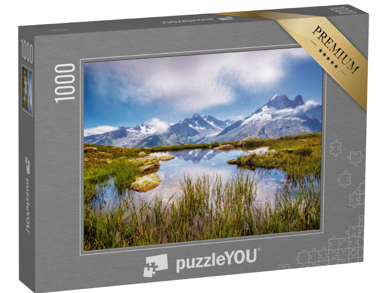 Puzzle 1000 pezzi „Il pittoresco ghiacciaio del Monte Bianco con il Lac Blanc, Aiguilles Rouges, Francia“