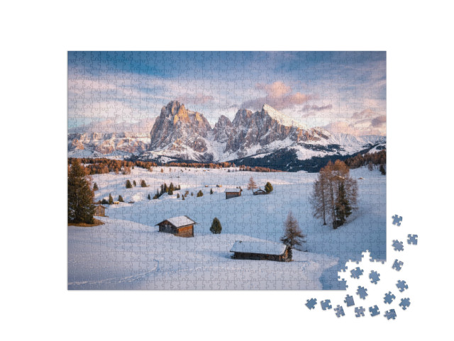 Puzzle 1000 pezzi „sciare sull'Alpe di Siusi con la neve in inverno, Dolomiti, Italia“