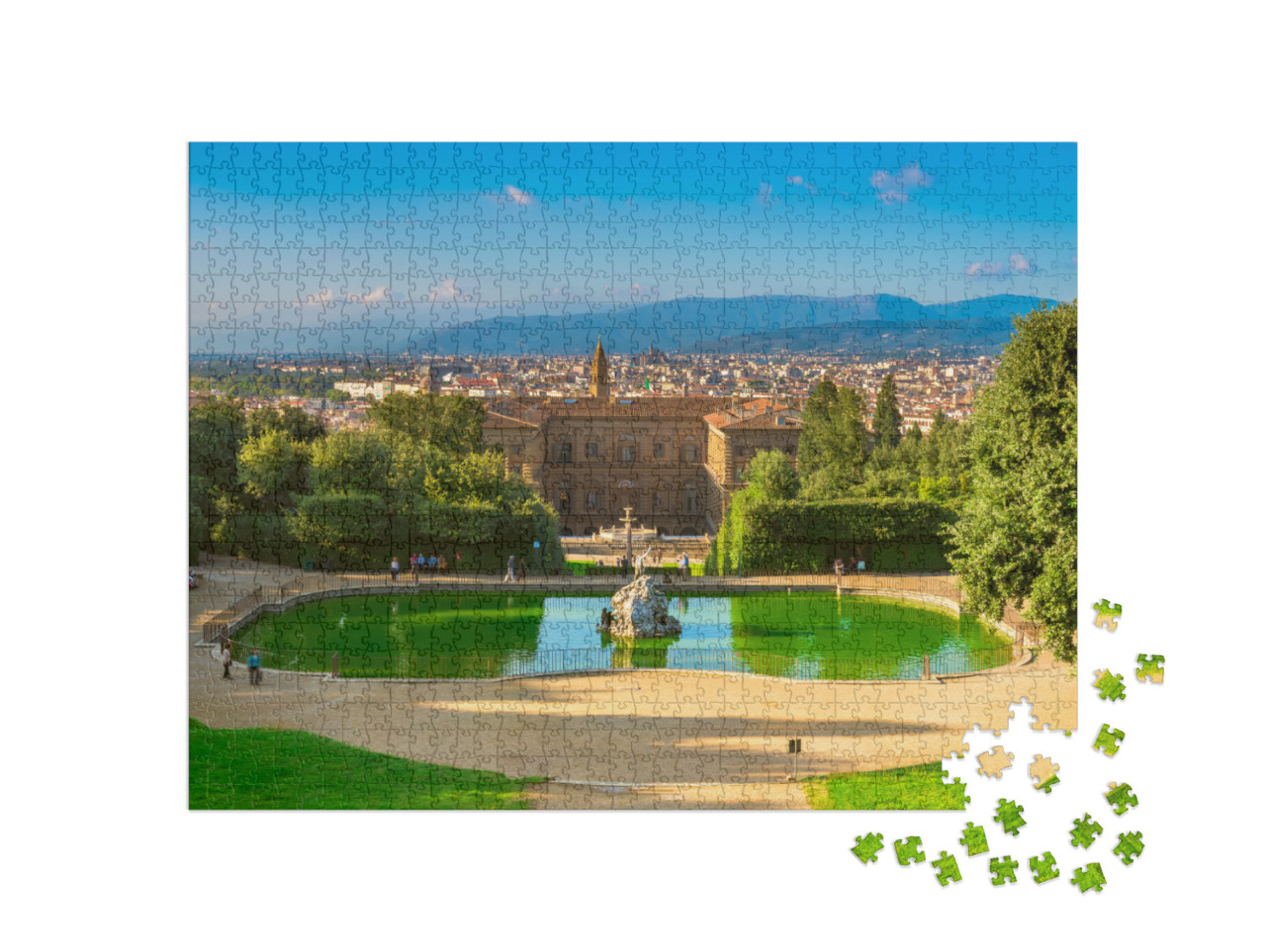 Puzzle 1000 pezzi „Vista di Palazzo Pitti e del giardino all'italiana di Boboli a Firenze, Italia“