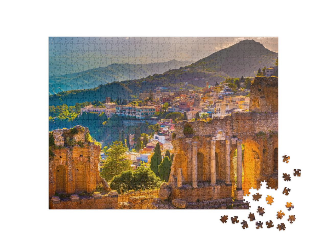 Puzzle 1000 pezzi „Rovine di Taormina: teatro al tramonto, Sicilia, Italia“