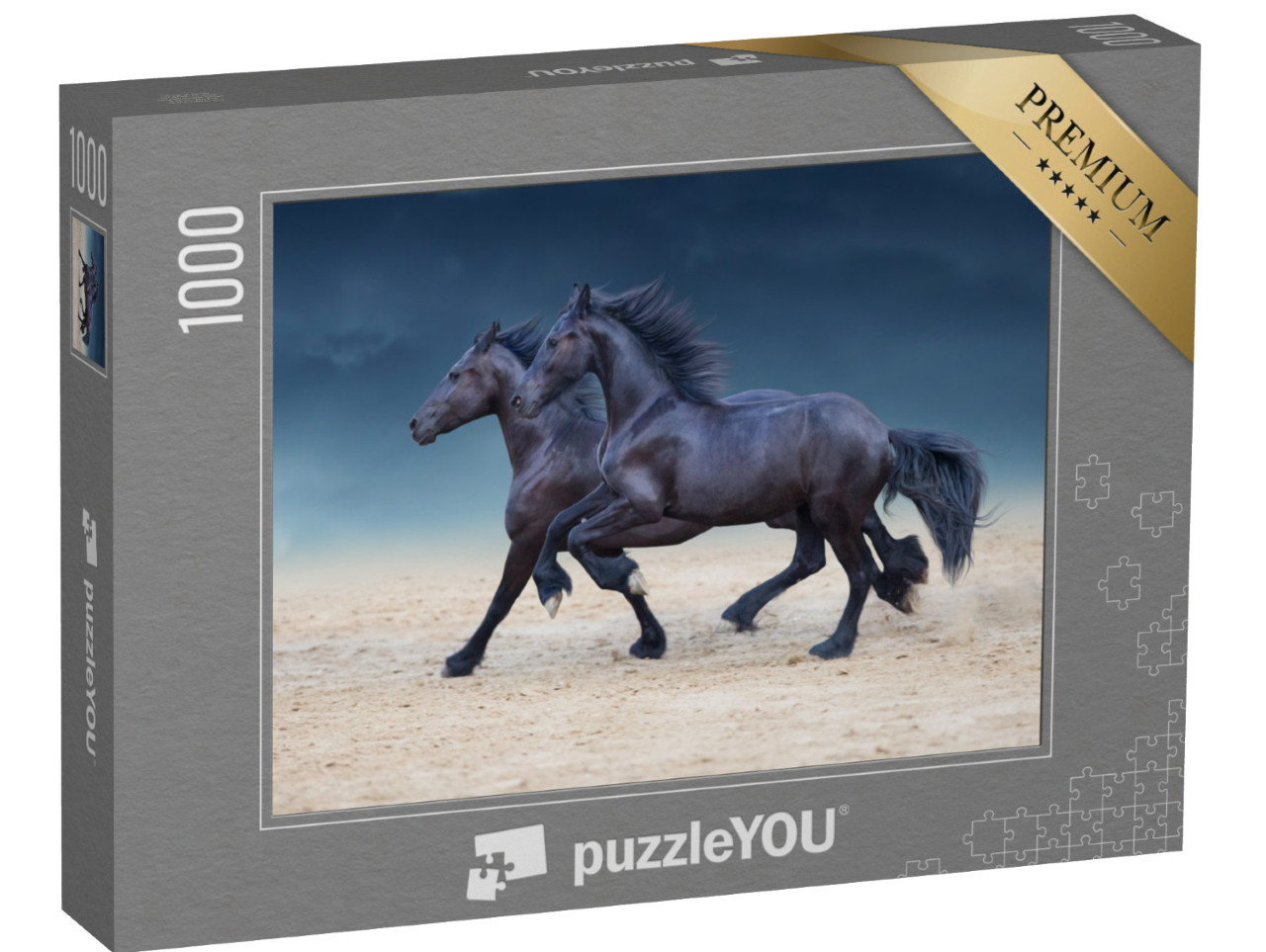 Puzzle 1000 pezzi „Cavalli frisoni al galoppo nella polvere del deserto“