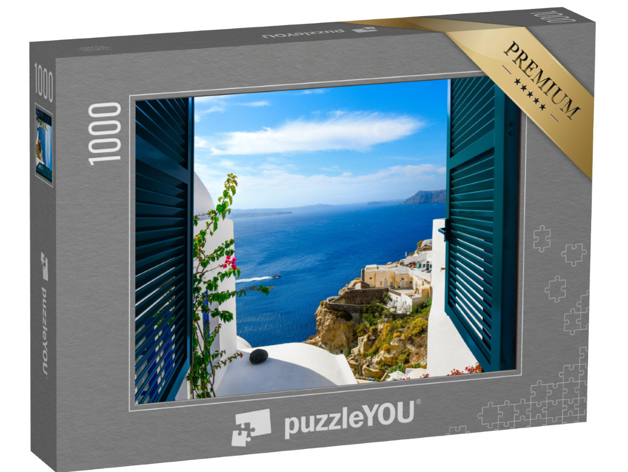 Puzzle 1000 pezzi „Vista da una finestra del villaggio di Oia sull'isola di Santorini, Grecia“