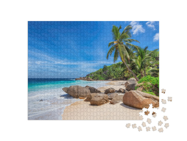 Puzzle 1000 pezzi „Spiaggia tropicale e palme da cocco alle Seychelles“