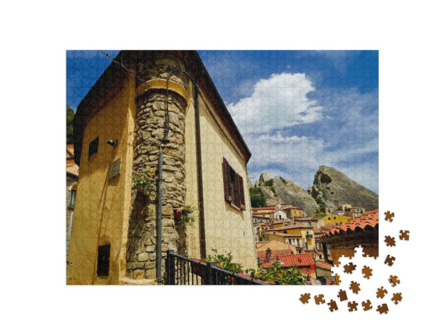 Puzzle 1000 pezzi „Castelmezzano, l'antico borgo immerso nei tipici panorami delle Dolomiti Lucane, Potenza, Basilicata“
