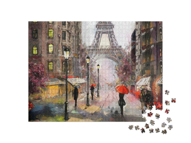 Puzzle 1000 pezzi „Dipinto a olio con veduta stradale di Parigi: Torre Eiffel e persone con ombrelli“